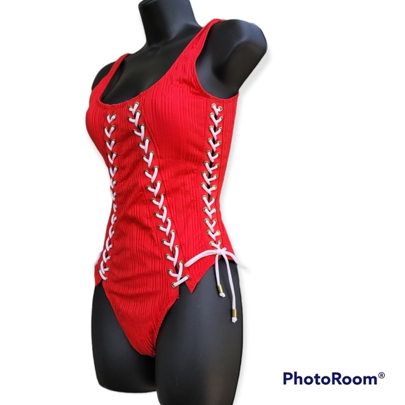 NO BOUNDARIES Juniors' Lace Up One Piece Swimsuit Red with White Laces Size 7-9. - Picture 3 of 6